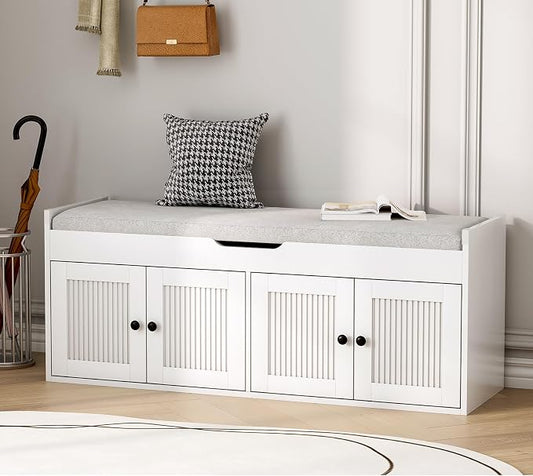 47.2" Storage Bench - Entryway Shoe Bench with 4 Doors and Top Storage Area, Multifunctional Entryway Bench with Lift Top Cushion, Shoe Storage Bench for Bedroom, Living Room, White