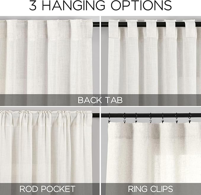 Nanspring Extra Wide Beige White Curtains for Living Room 90 Inches Long Semi Sheer Curtain for Coastal Room Decor Linen Farmhouse Drapes for Bedroom Back Tab and Rod Pocket 100x90, 2 Panels