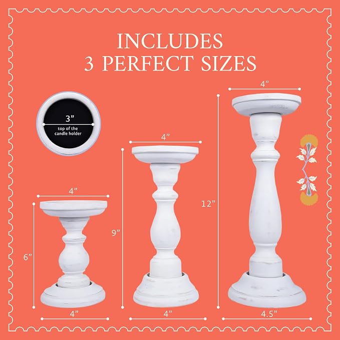 Mela Artisans 6”, 9” & 12” Mango Wood Pillar Candle Holder Set of 3 – Tuli Design Shabby Matte White – Wooden Candle Holders for Table, Mantel & Living Room Décor