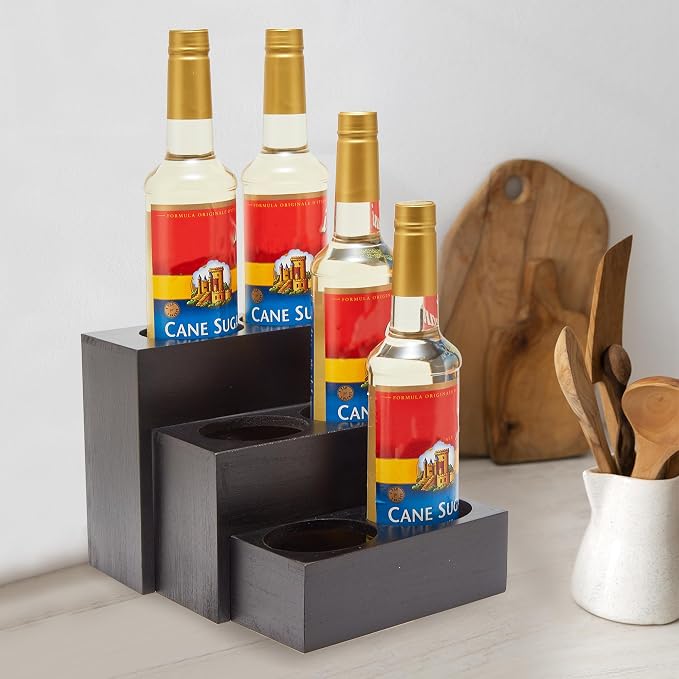 Black Wood Coffee Syrup Rack Organizer, 3 Tier Syrup Bottle Holder for Coffee Bar, 6 Bottles(750ml) Storage Stand for Syrup, Wine, Dressing for Kitchen Coffee Station(3 Separate Pieces)