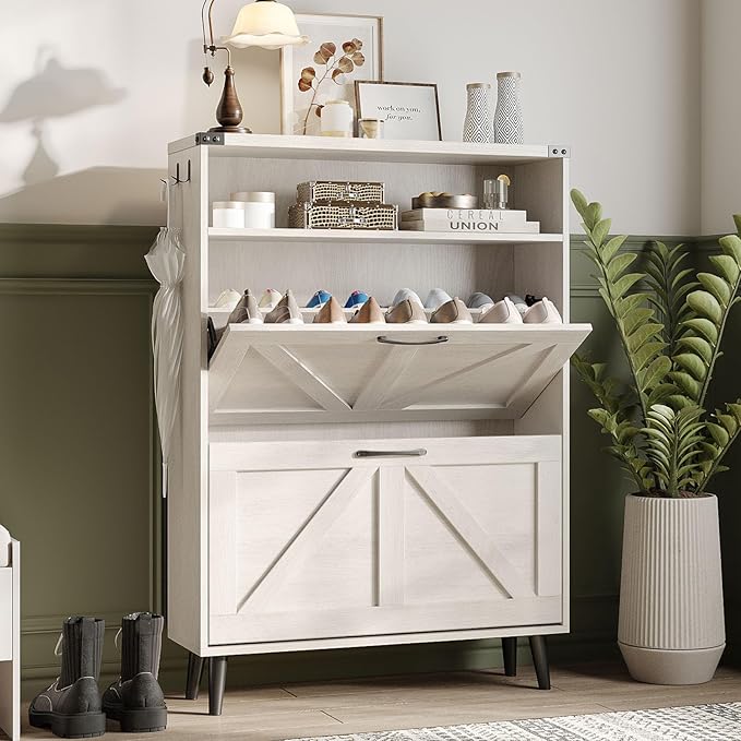 Halitaa Shoe Cabinet with 2 Flip Drawers & Open Storage,Farmhouse Shoe Storage Cabinet for Entryway,Freestanding Narrow Organizer Rack with Legs,Foyer,Hallway,White