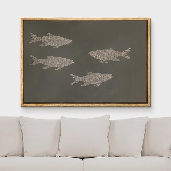 MUDECOR Framed Canvas Print Wall Art Abstract Minimalist Fish Line Illustrations Minimalism Decorative Bohemian Colorful Zen for Living Room, Bedroom, Office - 24"x36" NATURAL