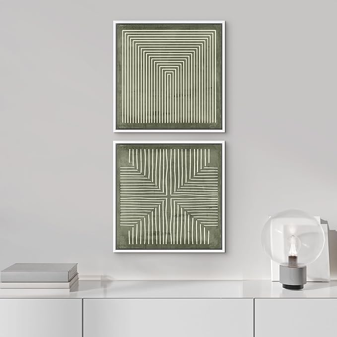 SIGNFORD Framed Canvas Print Wall Art Set Green and White Geometric Maze Illustrations Modern Art Minimal Relax/Calm for Living Room, Bedroom, Office - 16"x16"x2 White