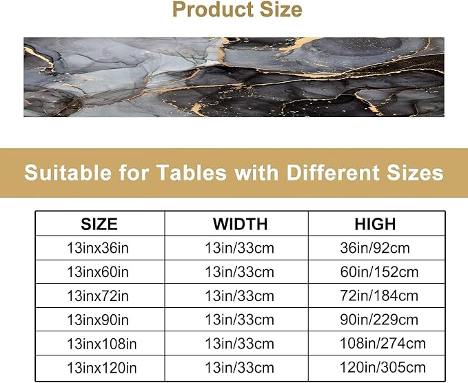 Marble Table Runner,Modern Luxury Black Gray Gold Texture Aesthetic Art Pattern Table Runner for Coffee Table Dining Room Table Bedroom Party Holiday Decor 13x72inch