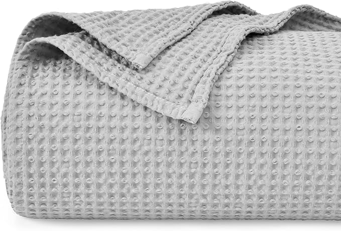 PHF Pre-Washed 100% Cotton Waffle Weave Blanket Queen Size for Bed,Snag Proof Throw Blanket for Couch Spring Summer Lightweight Breathable,Machine Washable, Home Decor Gift - Light Grey