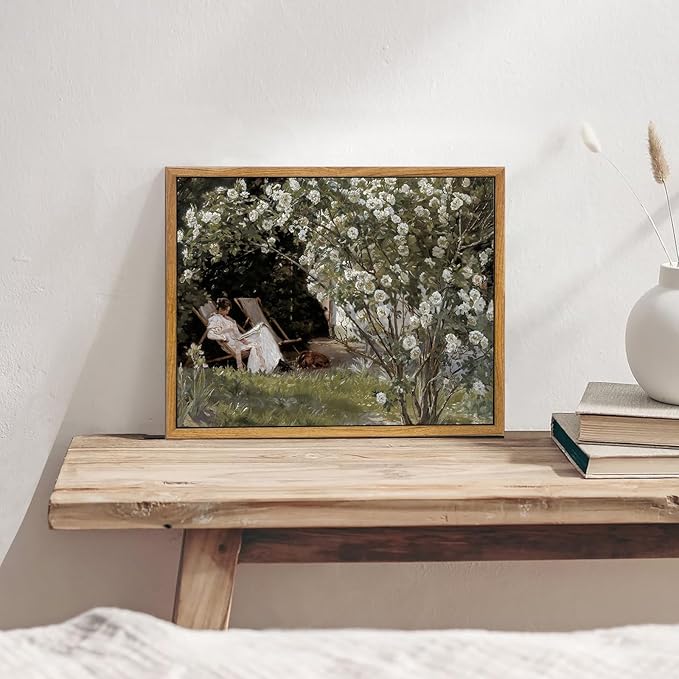 KBKBART Framed Vintage Canvas Wall Art, Retro French Country Garden Women Flower Classical Painting Bedroom Art Print, Rustic Vintage Wall Decor Ready To Hang for Bathroom, Living Room, Office,