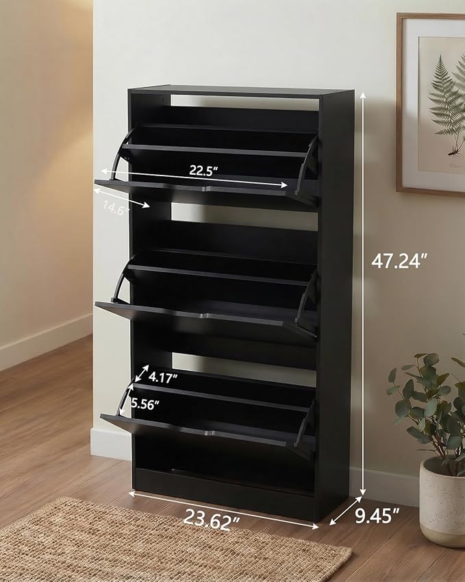 Shoe Cabinet with 3 Flip Drawers, Hidden Wood Shoe Cabinet，Narrow Shoe Rack Cabinet，Freestanding Organizer Storage for Hallway or Hallway, Black