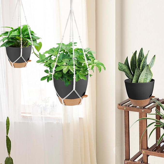 Vanslogreen 41.5 Inch Macrame Plant Hanger Indoor Outdoor with 12 Inch Flower Pot, Hanging Planter for Plants Holder with Wood Beads for Boho Home Decor (Ivory+Black)