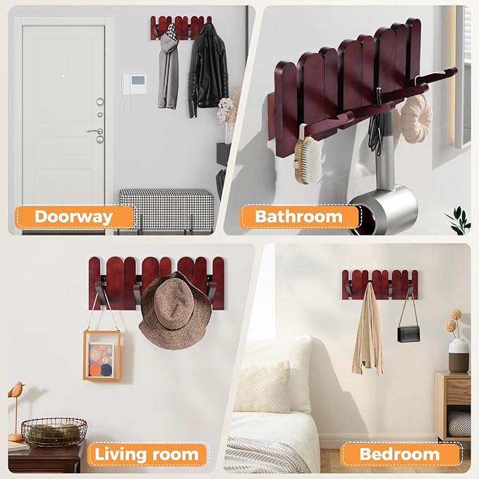 Oroonoko Solid Wood Wall Mounted Coat Rack Handcrafted Space-Saving Entryway Coat Hooks Hanger with 4 Heavy Duty Hooks for Coats, Towels, Keys Easy Installation & Modern Design (1 Pack)