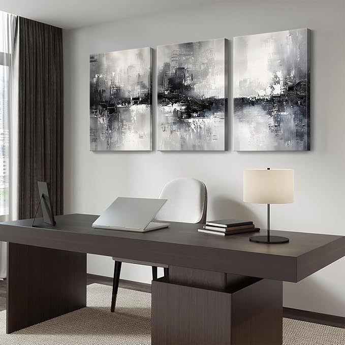 Dytila 3 Piece Large Black And White Abstract Canvas Wall Art for Living Room, Black And Grey Wall Decor, Modern Minimalist Art Print Pictures, Home Artwork - Dining Room Office Framed 12x16 Inch