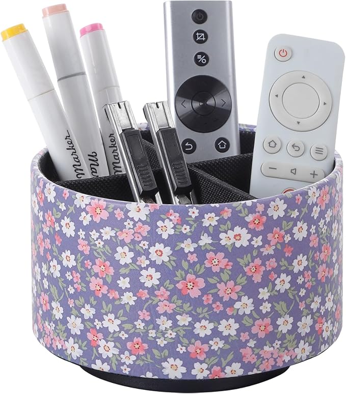 360 Degree Rotating Remote Holder for Table, Spinning Desk Organizer, Desk Caddy Pen Cup for Nightstand, Coffee Table, Office, 4 Compartment Stationary Remote Basket, Small Flowers PH129