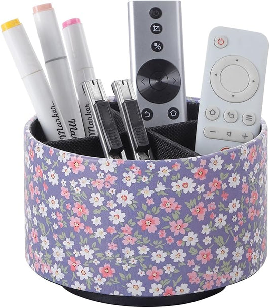 360 Degree Rotating Remote Holder for Table, Spinning Desk Organizer, Desk Caddy Pen Cup for Nightstand, Coffee Table, Office, 4 Compartment Stationary Remote Basket, Small Flowers PH129