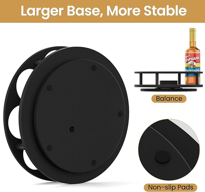 THYGIFTREE Rotating Coffee Syrup Organizer for Countertop, 9-Bottle Wooden Syrup Rack & Bottle Holder for Coffee Bar Station, Turntable Display Stand, Black