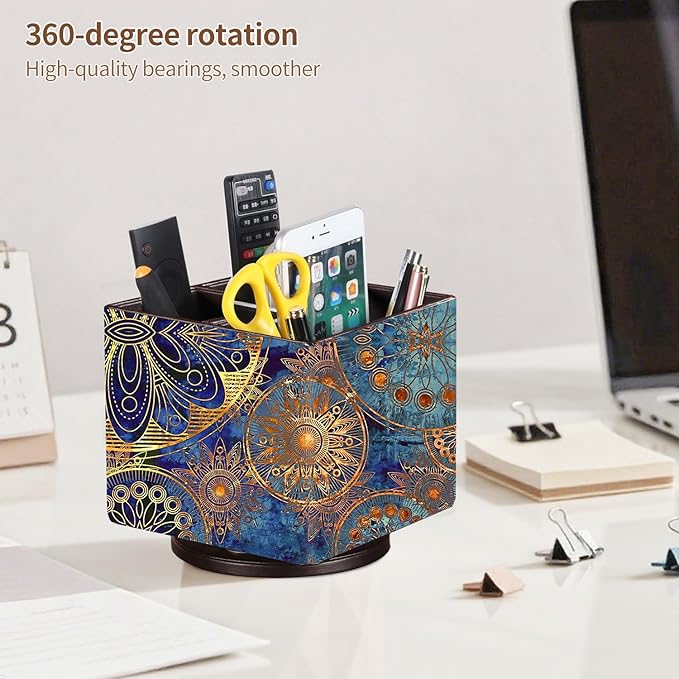 Remote Control Holder PU Leather TV Remote Caddy for Table, 360 Swivel Pen Holder for Desk Organizers and Accessories, Nightstand Organizer for Bedroom/ Office, Home Decorations for Living Room