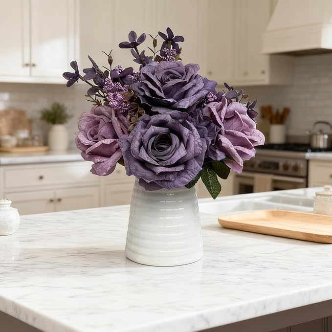 Artificial Purple Rose Arrangement in White Ceramic Vase, 10 Inch Silk Flowers with Foliage, Modern Contemporary Floral Bouquet for Home, Office, Wedding Decor