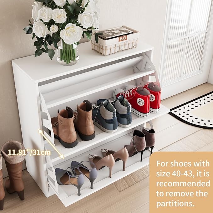 VOWNER Shoe Cabinet with 2 Flip Drawers, Shoe Storage Cabinet with 3-Tier Shoe Rack & Adjustable Shelves, Shoe Organizer for Entryway, Hallway, White