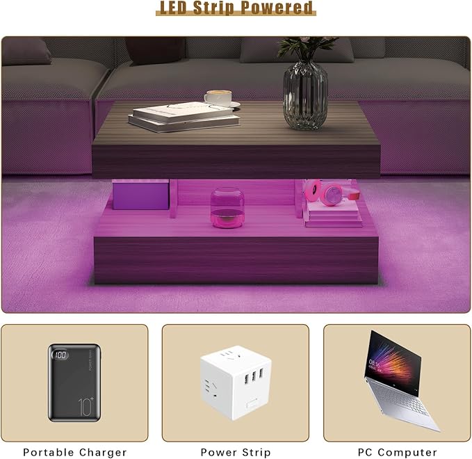 HedoAjim LED Coffee Table for Living Room, Living Room Table 2-Tier Square Middle Center Table, Modern Coffee Tables with Storage, Contemporary Wood Tea Tables for Dining Reception, Grey Wood