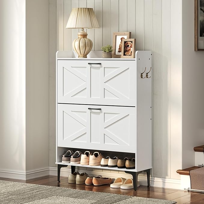 MAHANCRIS Shoe Storage Cabinet, Shoe Organizer with 2 Flip Drawers, Hidden Shoe Storage for Entryway, Freestanding Organizer with Open Storages, White SHWT9401