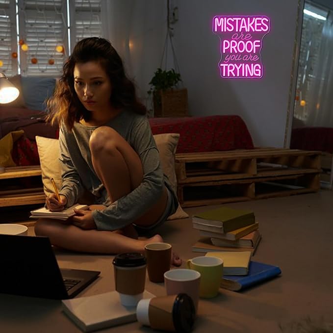 Allball Mistakes Are Proof You Are Trying Neon Sign, Motivational Neon Sign USB Powered LED Dimmable, for Classroom Office Children Room Bedroom Living Room Sign, Graduation Gift(11.8 * 11 In)