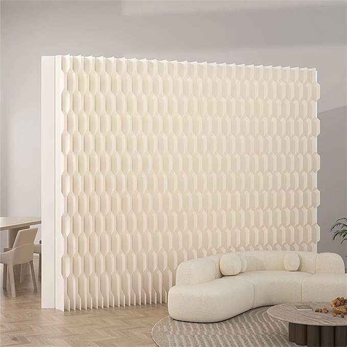 Double Sided Room Divider, Folding Privacy Screen with 2 Different Patterns, Retractable Decorative Paper Partition Wall for Salon Home Studio Office Rest Area