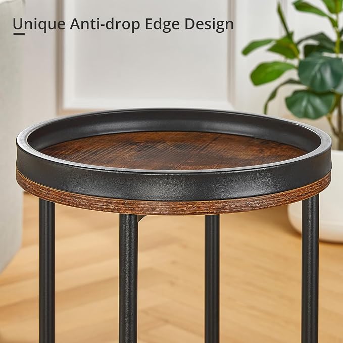 Small Round Side Table with Storage Basket, 2-Tier Round End Table for Living Room & Bedroom, 26" Tall Nightstand Modern Sofa End Table for Small Spaces (Rustic Brown)