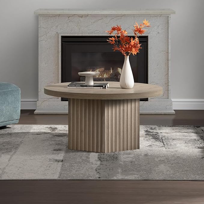 SICOTAS Round Coffee Table for Living Room, Modern Fluted Circle Center Coffee Table with Storage, 32" Accent Tea Dining Table for Apartment, Grey Alder