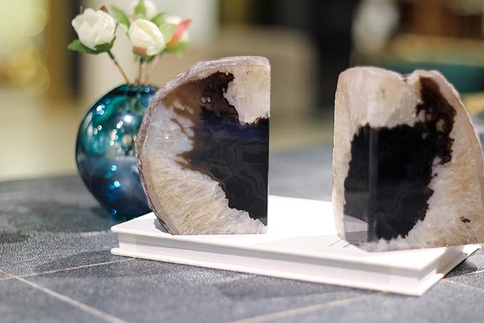 JIC Gem Black Agate Bookend(s) geode bookends Large Book Ends for Shelves 1 Pair 6 to 8 Lbs Book Ends to Hold Books Heavy Duty from Brazilian with Rubber Bumpers for Office and Home Decoration