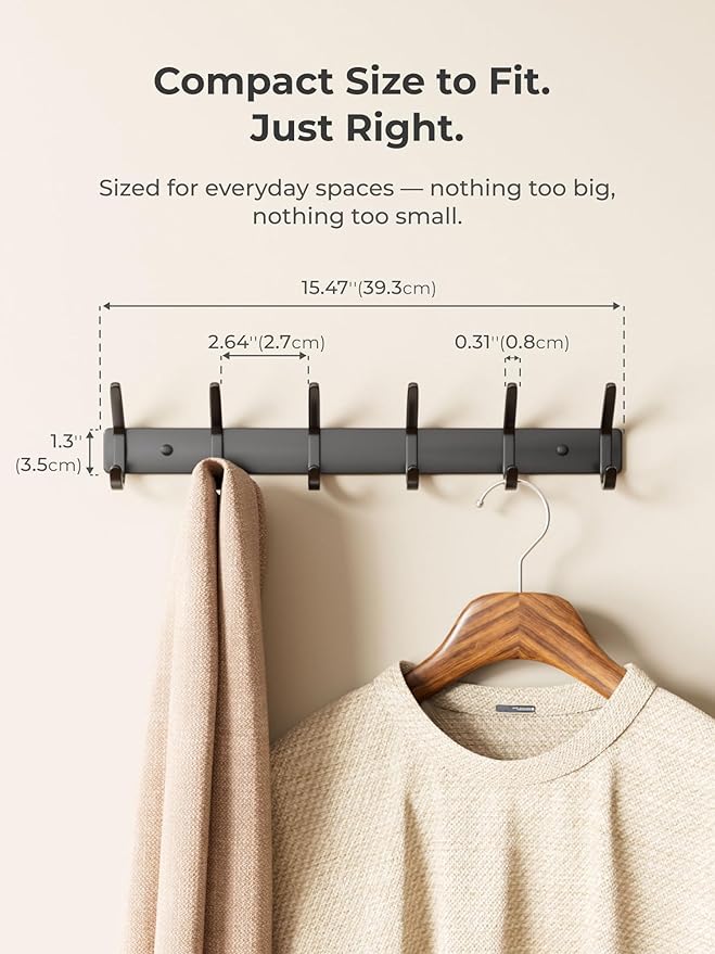 GWAAZXGZ Coat Rack Wall Mount Hooks - 15 Inch Matte Black Metal 6-Hook Organizer Wall Mounted, Modern Kids Room, Entryway & Bathroom Hanger for Beach Towels, Coats, Purses, Bags (2 Pack)