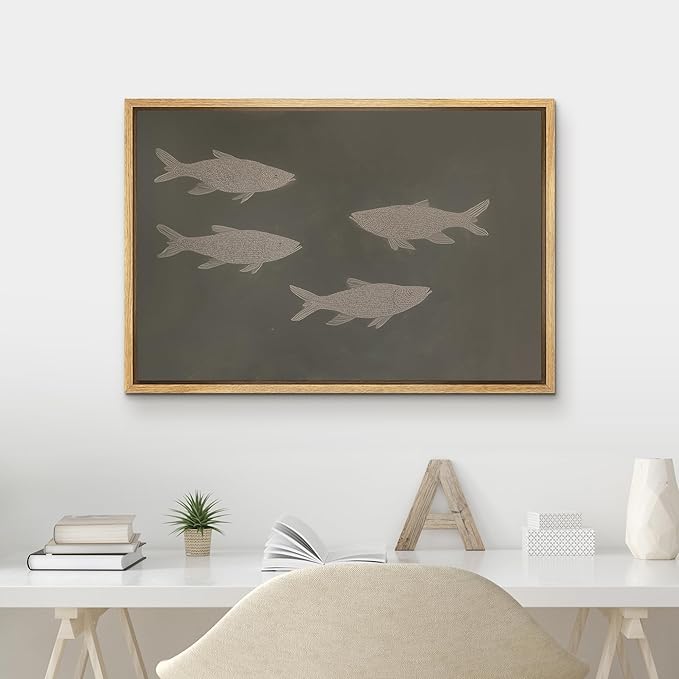 MUDECOR Framed Canvas Print Wall Art Abstract Minimalist Fish Line Illustrations Minimalism Decorative Bohemian Colorful Zen for Living Room, Bedroom, Office - 16"x24" NATURAL