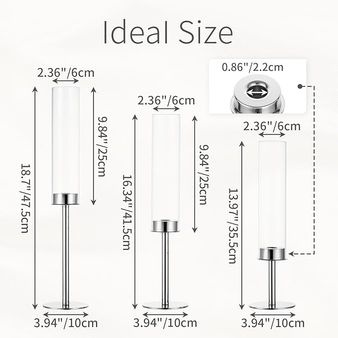 Silver Candle Holders for Candlesticks - Taper Candle Holders with Removable Glass, Tall Silver Candlestick Holders, Candle Stand Candle Sticks Long Holder for Table Centerpiece, Home, 18Pcs