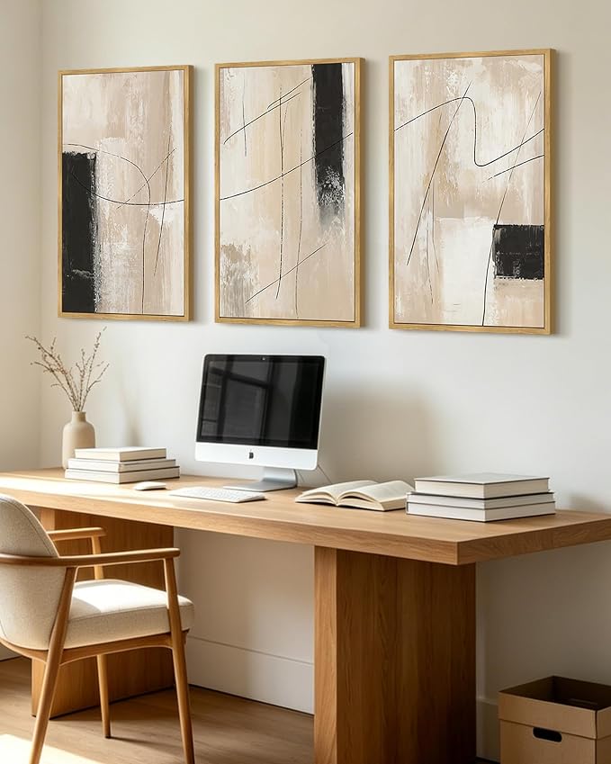 KUVIOKE Abstract Framed Wall Art Minimalist Beige Pastel Watercolor Neutral Wall Decor Modern Black Line Art Painting for Bedroom Dining Room 24x36in (Natural Framed)
