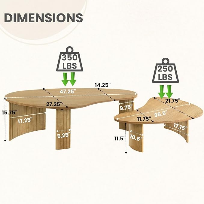 Nesting Coffee Tables Set of 2, Cloud Coffee Tables with Fluted Legs, Ash Veener End Table for Living Room, Natural