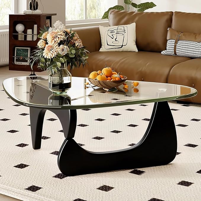 Coffee Table for Living Room, 44.9″D×32.3″W×15.8″H Modern Glass Coffee Table & Wooden Base, Unique Center Tables for Apartment, Small Spaces, Office