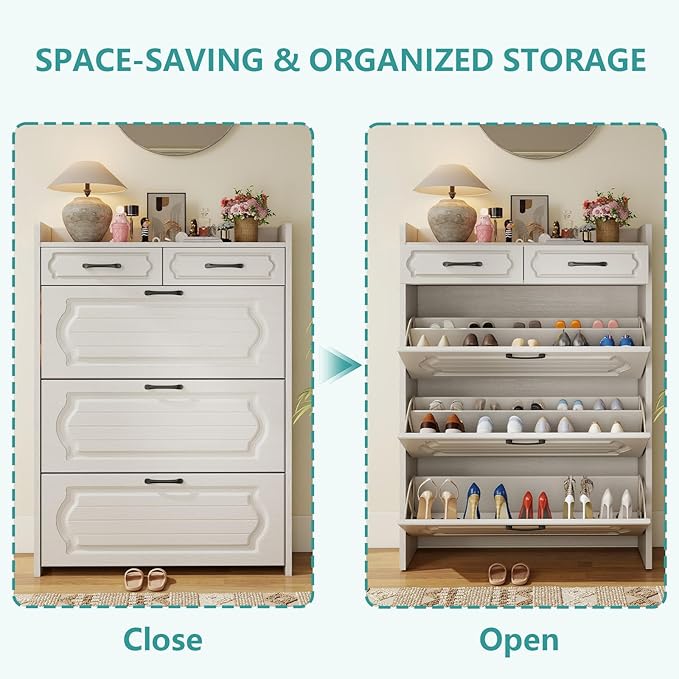 Shoe Cabinet with 3 Large Flip Drawers and 2 Storage Drawers, Narrow Shoe Organizer Cabinet Fits for Kinds of Shoes, Slim Shoe Storage Cabinet for Entryway, Hallway, Light White