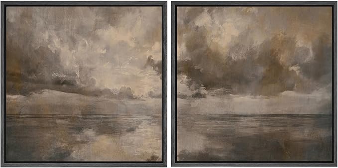 SIGNFORD Framed Canvas Print Wall Art Set Abstract Seascape Horizon Neutral Coastal Landscape Modern Art Relax/Calm for Living Room, Bedroom, Office - 24"x24"x2 BLACK