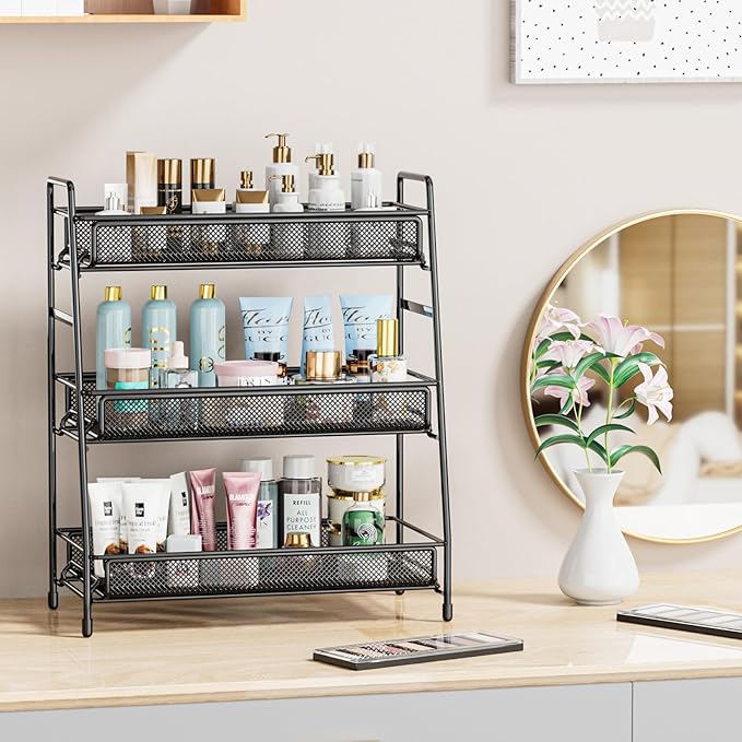 EKNITEY Bathroom Countertop Organizer Rack - 3 Tier Counter Spice Rack Metal Makeup Rack Small Perfume Vanity Organizer for Sink/Bedroom/Living room/Kitchen/Office