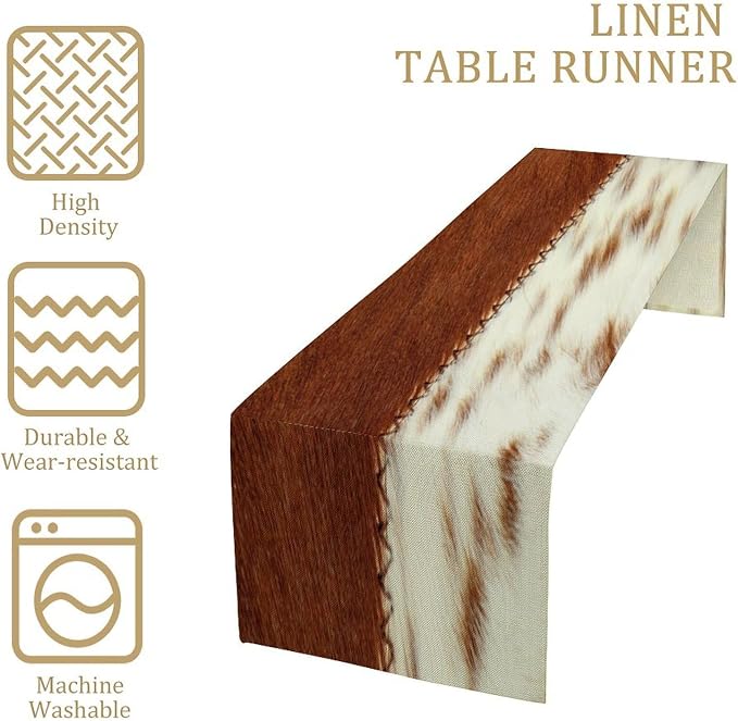 Cow Print Table Runner, Brown White Cowhide Print Western Style Table Runner Country Farmhouse Cottage Cow Patten Table Decoration for Home Kitchen Dining 13x120 Inch