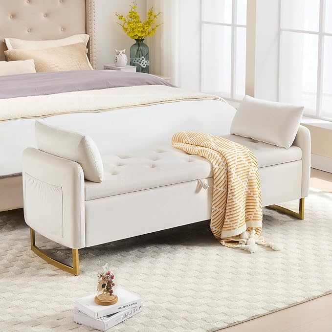65" Storage Ottoman Bench, Velvet Storage Bench for Bedroom, End of Bed Storage Bench with Tufted Upholstered and Gold Legs, Bedroom Benches with Arms for Living Room Window and Entryway Beige