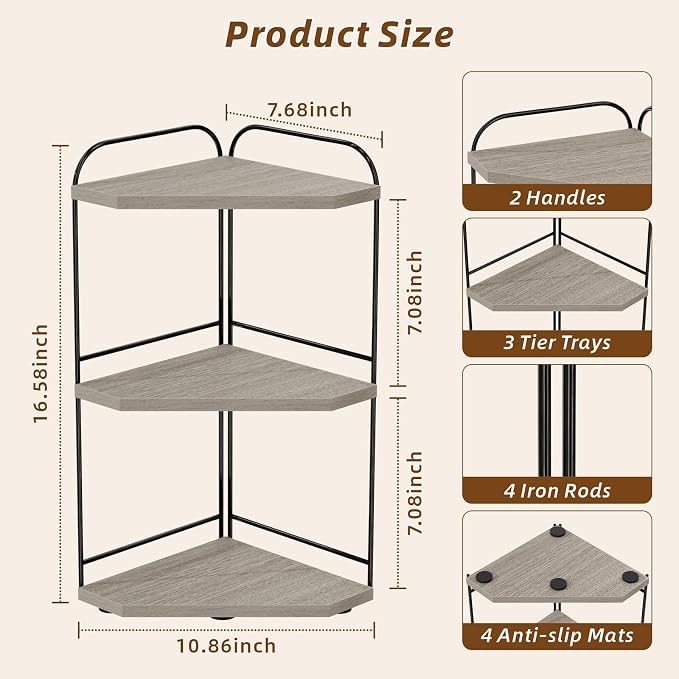 Corner Bathroom Counter Organizer, 3-Tier Wood Countertop Organizer for Perfume, Makeup Storage, Skincare Organizers for Vanity, Counter Corner Shelf for Kitchen, Bathroom, Dresser (Grey)
