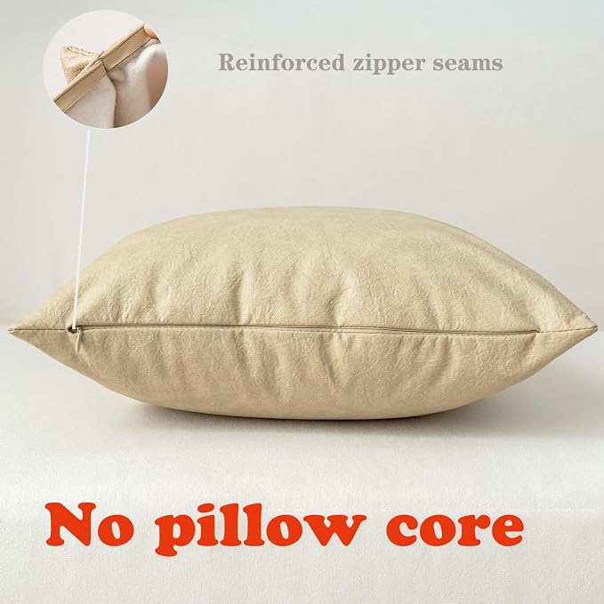 Pack of 2 Faux Leather Pillow Covers, Soft Rustic Farmhouse Neutral Vintage Decorative Cushion Cover, for Home Decor Outdoor Waterproof Pet Hair Resistant Thickened and durable 18X18 Inch Beige