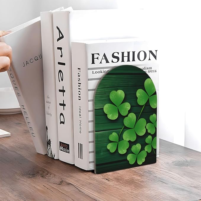 St Patrick's Day Green Clovers 2 Piece Wood Decorative Bookends 6.7x4.2 in, Book Ends for Home Office Library Shelves Decor Room Kitchen Desktop