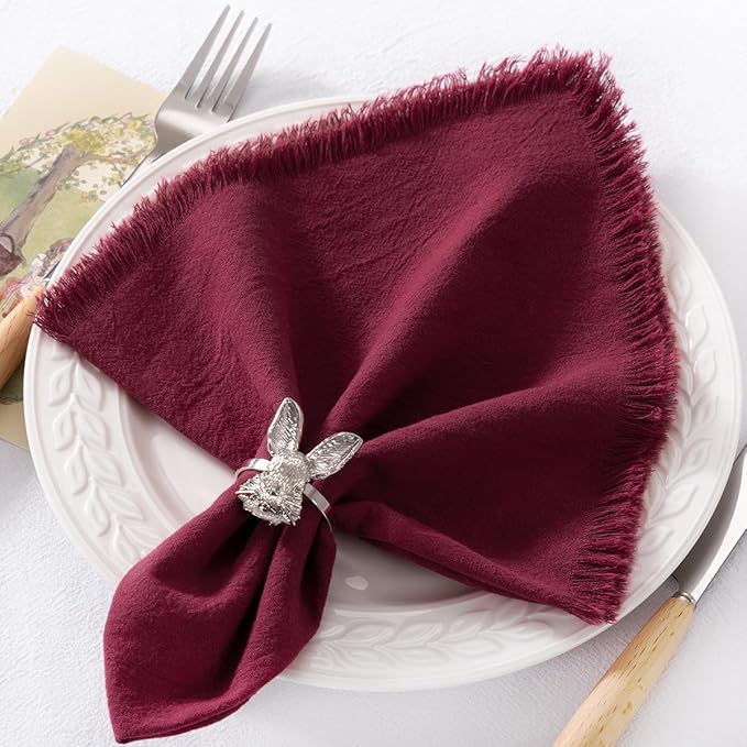 DeZerlor 12 Pack Burgundy Red Cotton Linen Napkins with Fringe Summer Cloth Napkins Set of 12 Boho Handmade Dinner Napkins Bulk for Wedding Bridal Baby Shower Parties, 17 x 17 Inches