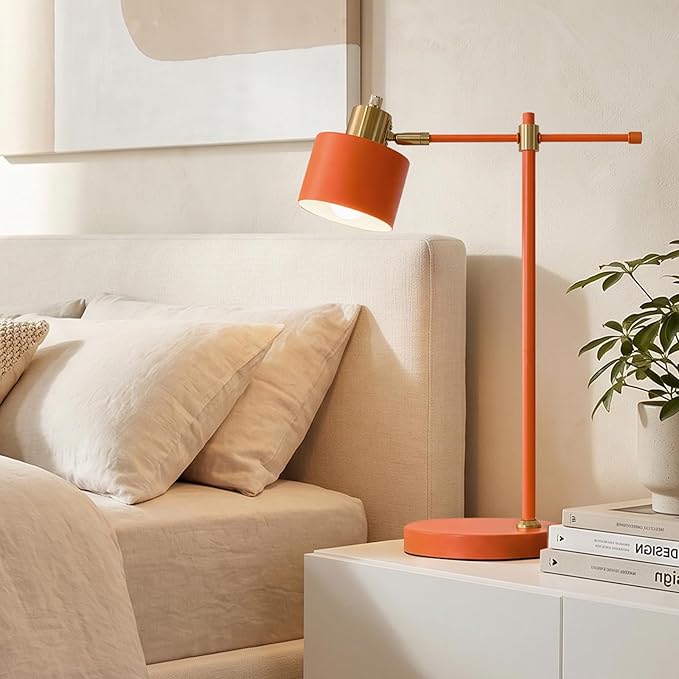 OYEARS 22.2" Modern Desk Lamp, Metal Table Lamp with LED Bulb, Adjustable Reading Lamps for Living Room, Mid Century Task Lamp for Home Office, Industrial Bedside Lamps with Solid Base, Orange