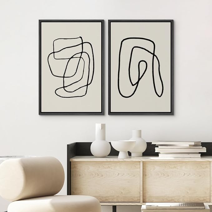 SIGNWIN Framed Wall Art Print Set Black Lines Over Tan Plain Background Abstract Swirly Cozy Neutral Modern Art Mid-Century Modern Expressive for Living Room, Bedroom, Office - 24"x36"x2 Black