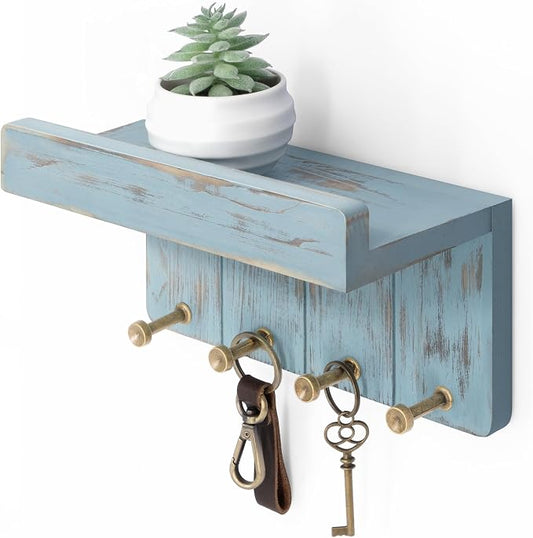 Rebee Vision Small Key Holder Wall Mount for Farmhouse Decor - Key and Mail Holder for Wall with Shelf and 4 Key Hooks - Room Decor Aesthetic (Distressed Blue)