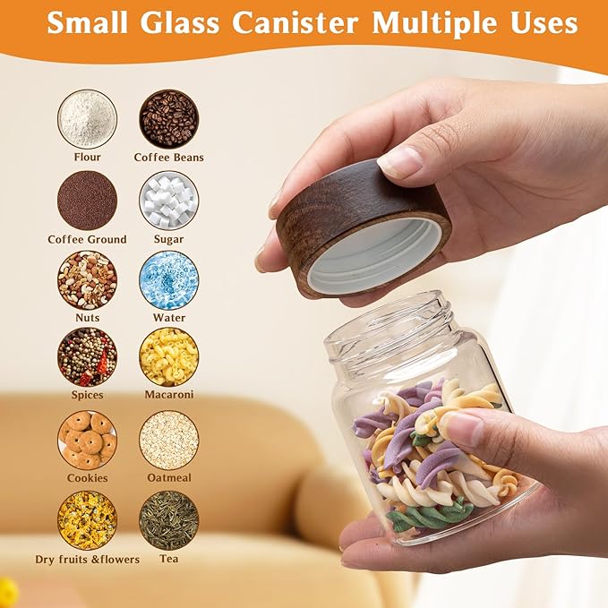 6 pc Glass Spice jars Glass Jars with Screw Lid 5 oz Acacia Wood Glass Herb Sugar Coffee Bean Ground Container Food Storage Canister for Candy Pantry Tea Seasoning Meal Prep Snack (6*150ml(5oz))
