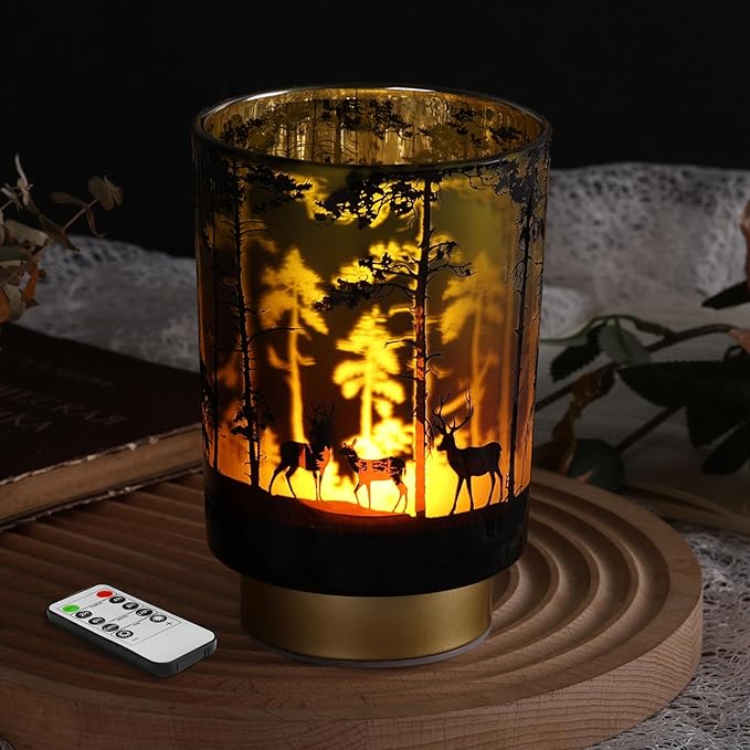 Eywamage Battery Operated Table Lamp with Remote, Forest Deer Cordless Glass Lamp for Bedroom Living Room Kitchen