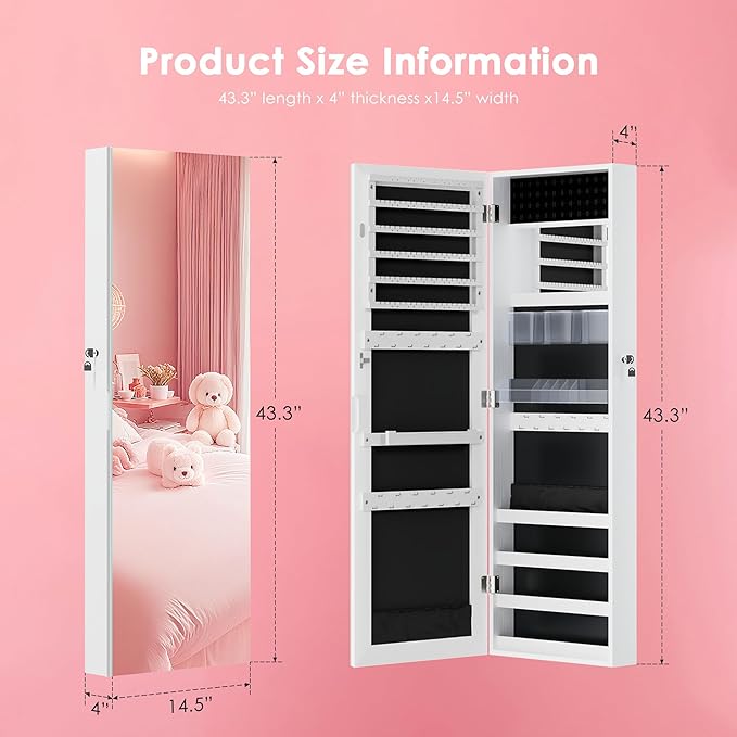 PEALSN Full Length Mirror Jewelry Organizers and Storage Cabinet, Wall or Door Mounted, Necklace Ring Earring, and Makeup Storage Lockable Gift Armoire, White.