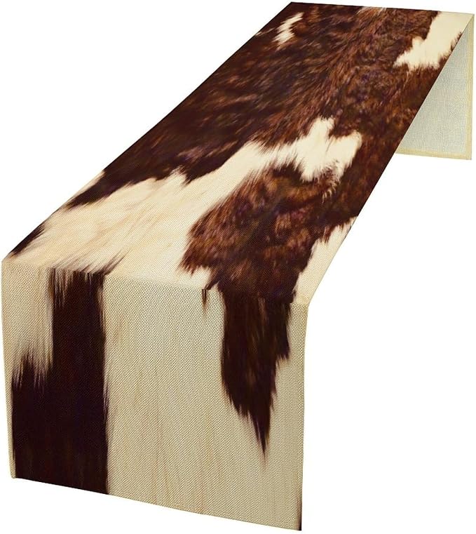 Cow Skin Print Table Runner, Rustic Farmhouse Cottage Animal Fur Skin Western Style Brown Wild 3D Cowhide Print Dinner Runner Table Decoration for Home Kitchen Dining 13x90 Inch