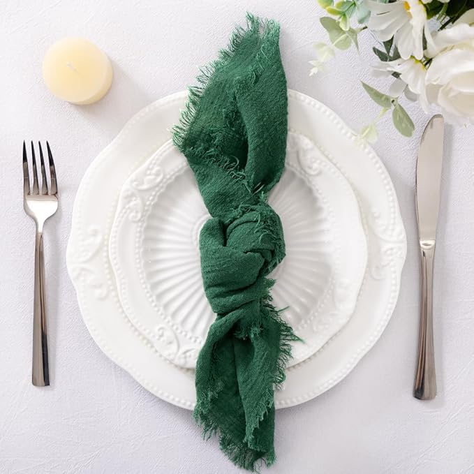 Socomi Set of 6 Linen Napkins Emerald Green Christmas Easter Spring Cloth Napkins Washable Cotton Dinner Napkins Fringe 17"x17" for Wedding Party Bridal Baby Shower Birthday Table Decorations